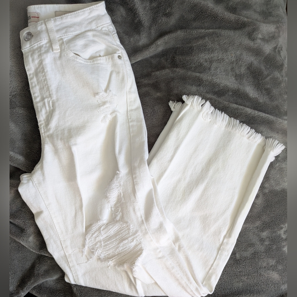 Guess White Straight Leg Jeans with Distressed Details
